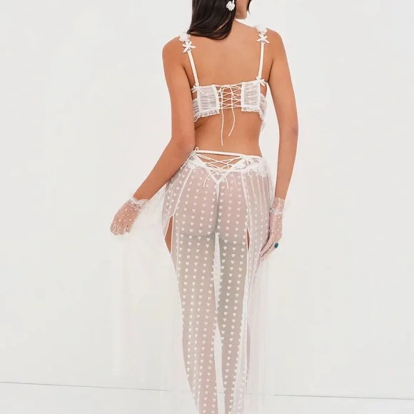 For Love and Lemons White Sheer Heart-Pattern Long Slip x Victoria Secret - Picture 3 of 4